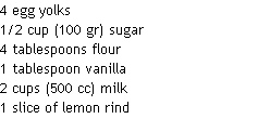 4 egg yolks
1/2 cup (100 gr) sugar
4 tablespoons flour 
1 tablespoon vanilla
2 cups (500 cc) milk
1 slice of lemon rind
 